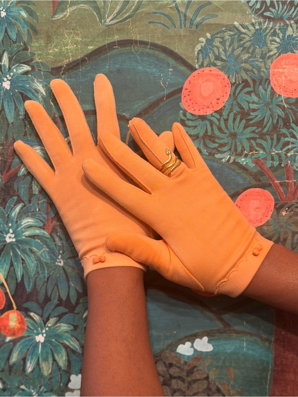 Vtg 50s Fownes Embraceable Orange Nylon Gloves Sz 6.5 7 Faded 60s